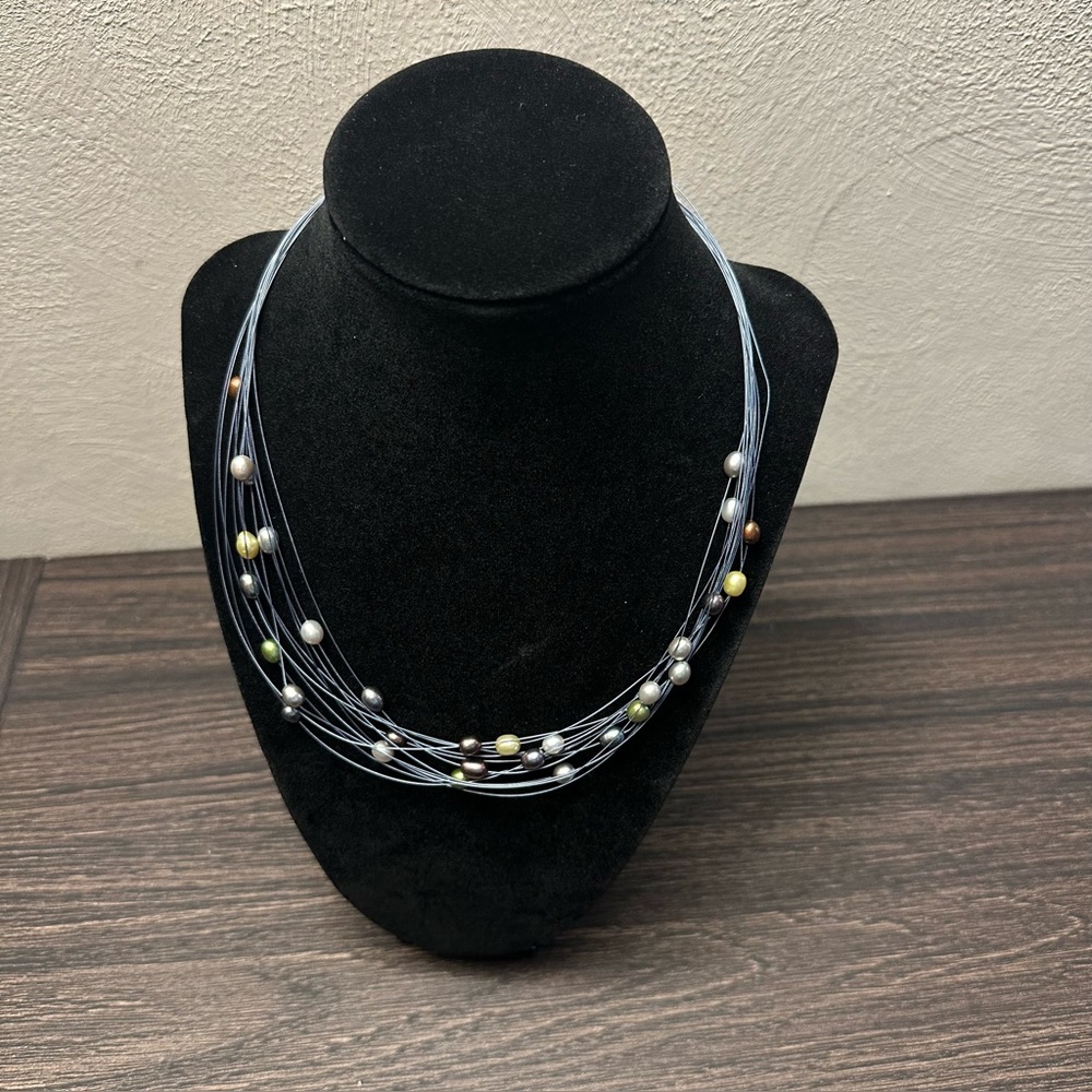 Honora Freshwater Pearl Multi Strand Toned Wire Necklace Blue Gray